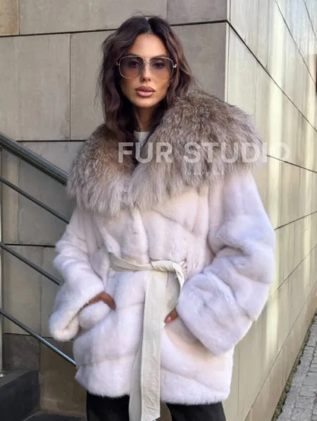Норковая шуба с мехом рыси - белая - фото 0