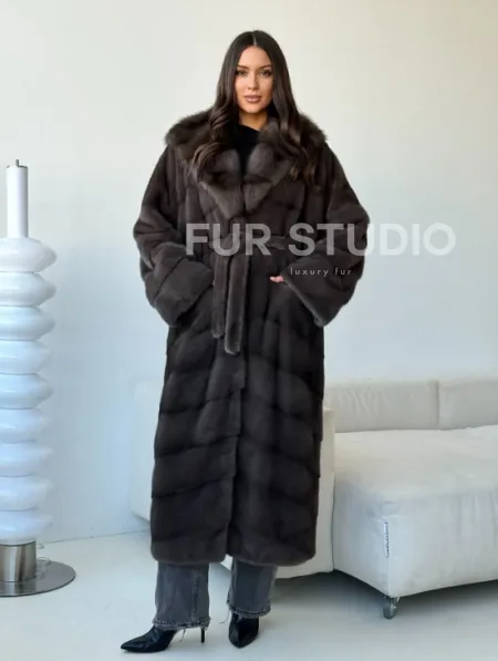 Длинная норковая шуба с капюшоном - графит - фото 0