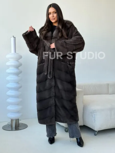 Длинная норковая шуба с капюшоном - графит - фото 8