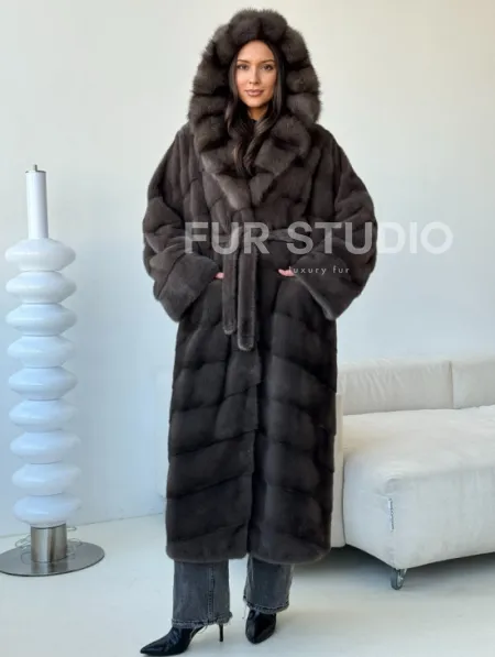 Длинная норковая шуба с капюшоном - графит - фото 7