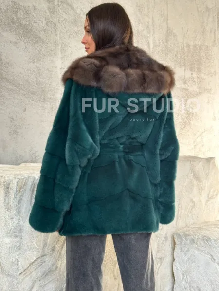 Шуба норка кимоно - капюшон куница - фото 3