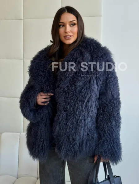 Шуба из ламы - цвет джинс - фото 3