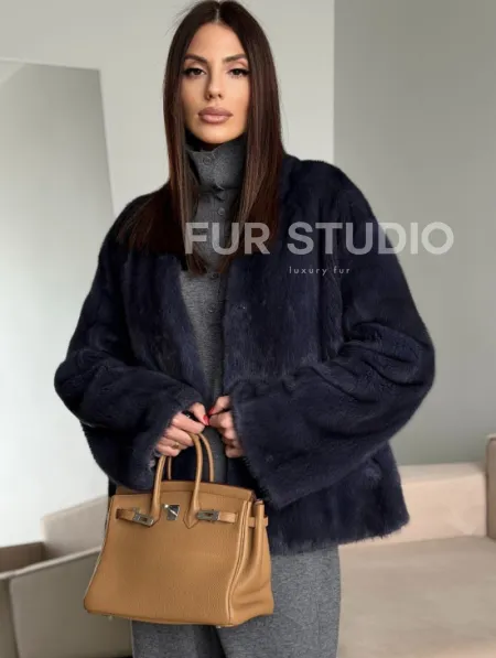 Короткий норковый жакет - синий графит - фото 8