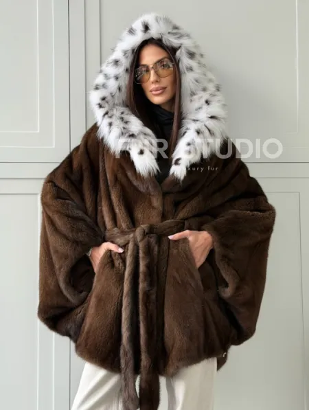 Норковая шуба с капюшоном по рысь - фото 8