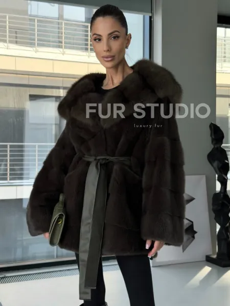 Норковое пончо шуба с капюшоном из меха куницы dark olive - фото 4