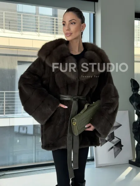 Норковое пончо шуба с капюшоном из меха куницы dark olive - фото 10