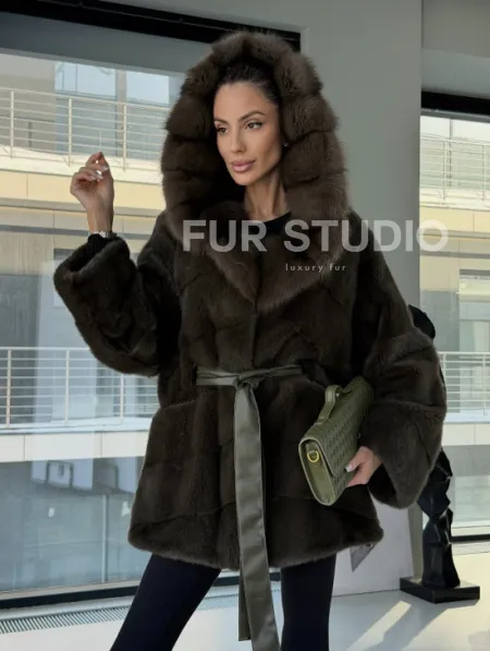 Норковое пончо шуба с капюшоном из меха куницы dark olive - фото 13