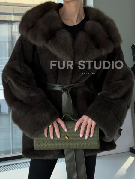 Норковое пончо шуба с капюшоном из меха куницы dark olive - фото 1