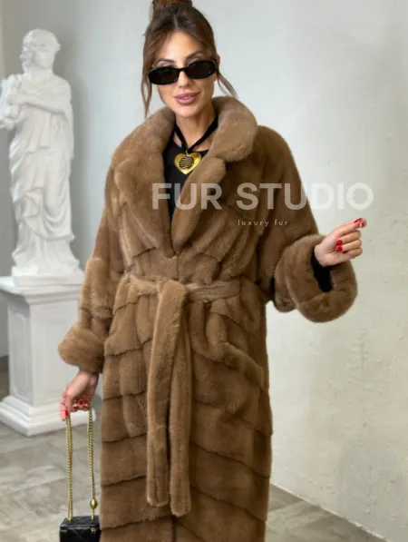 Длинная шуба карамель кимоно мех NAFA - фото 1