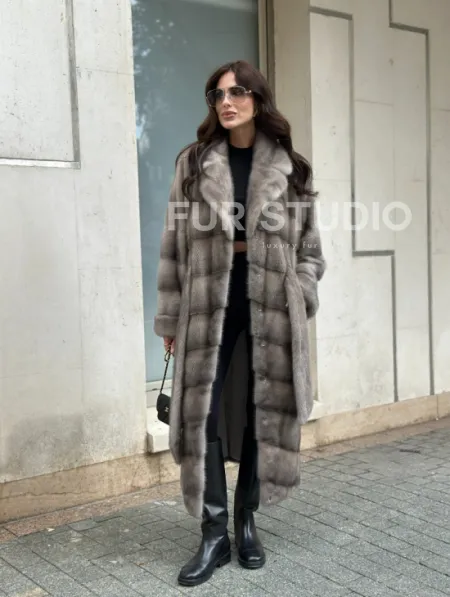 Шуба из норки  серого цвета - сапфир с английским воротником - фото 12