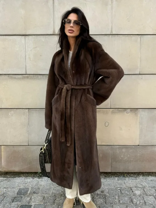 Норковая шуба, цельный мех PREMIUM COLLECTION VELVET - цвет соболь - фото 0