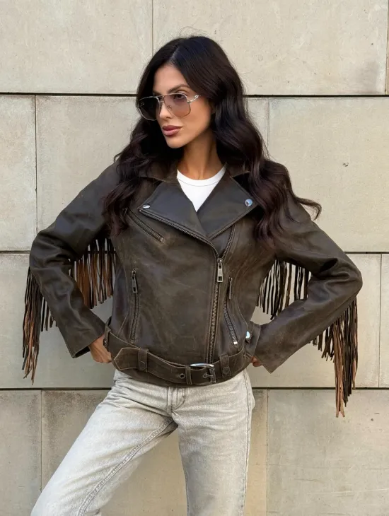 Куртка из натуральной кожи с бахромой «Vintage» - коричневая - фото 0