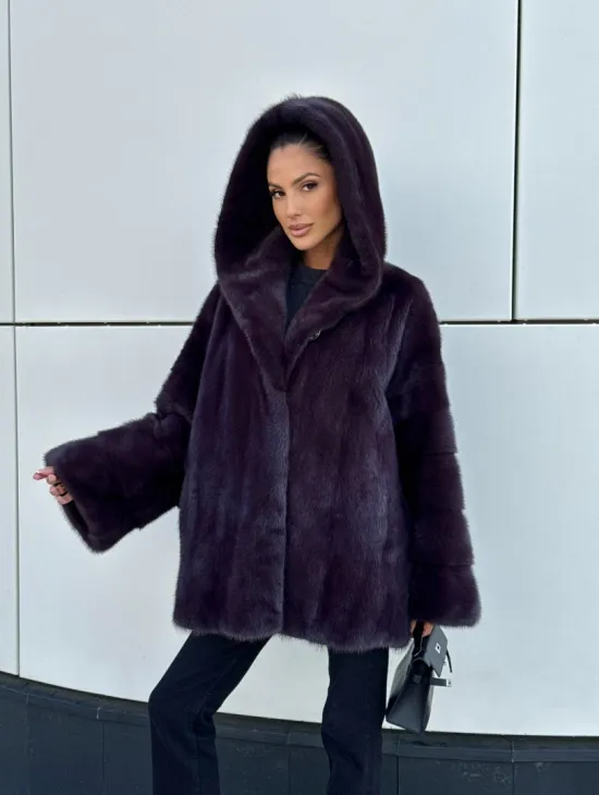 Норковый полушубок автоледи с капюшоном - цвет инжир - фото 10