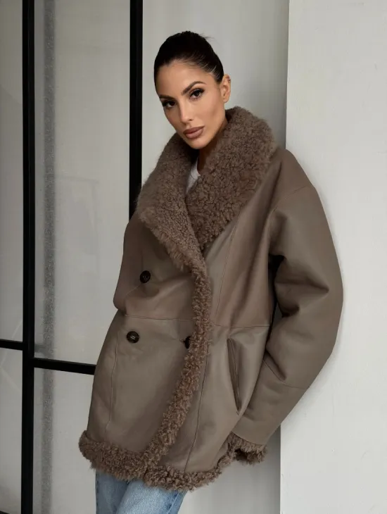 Женская двусторонняя дубленка из натуральной кожи - воротник шаль - фото 2