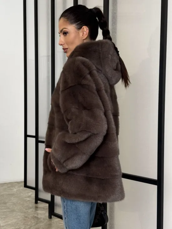 Норковый полушубок с капюшоном на молнии - фото 3
