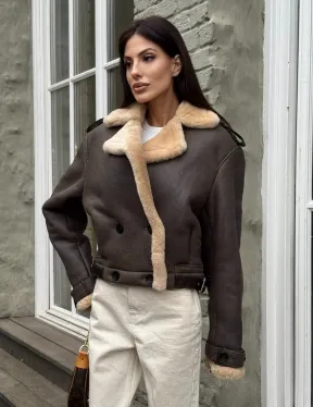 Кроп - дубленка двубортная Dark brown на пуговицах - фото 6