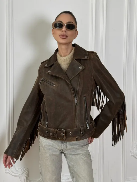 Коричневая кожаная куртка - косуха с бахромой. Мотоциклетная куртка, демисезон - фото 4