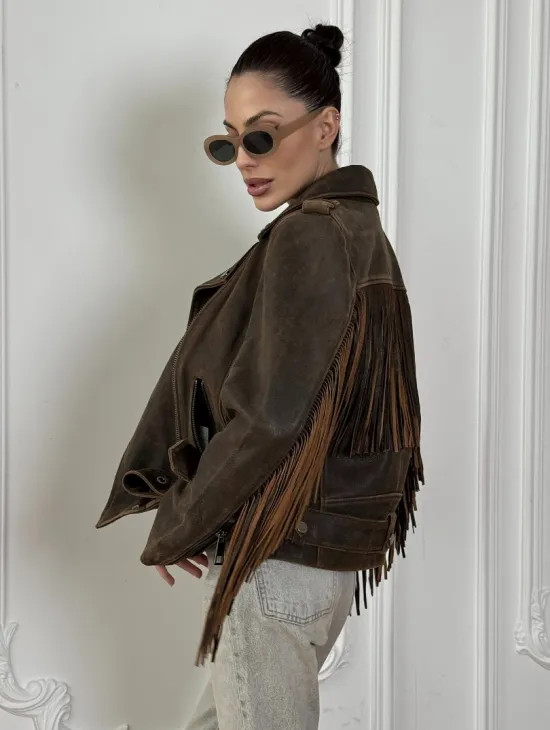 Коричневая кожаная куртка - косуха с бахромой. Мотоциклетная куртка, демисезон - фото 3