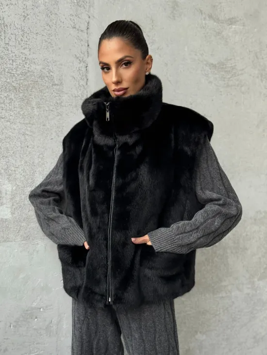 Черная норковая жилетка - фото 7