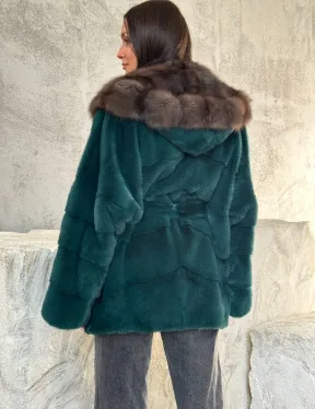 Шуба норка кимоно - капюшон куница - фото 3