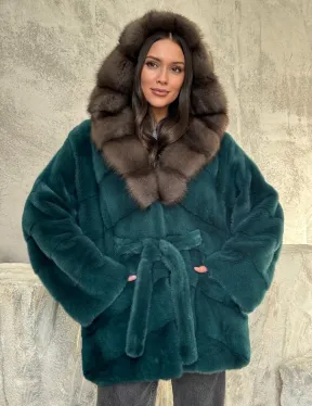 Шуба норка кимоно - капюшон куница - фото 5