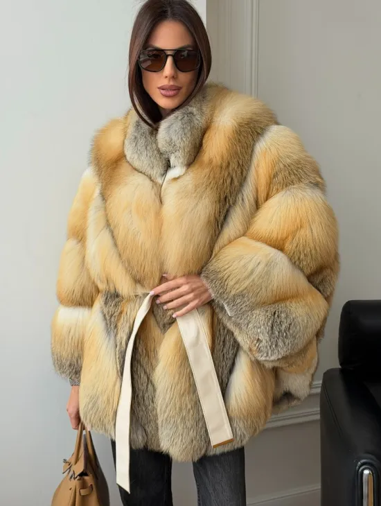 Шуба - пончо из лисы с поясом - фото 5