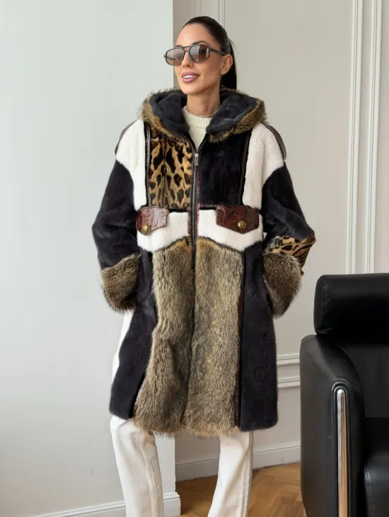 Комбинированная норковая шуба с капюшоном - фото 10