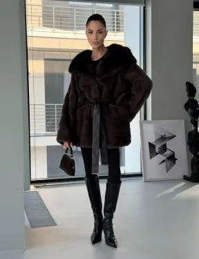 Норковая шуба кимоно с капюшоном куница - фото 13