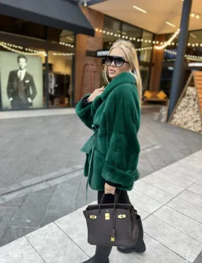 Короткая шуба из меха норки Velvet в изумрудном цвете - фото 4