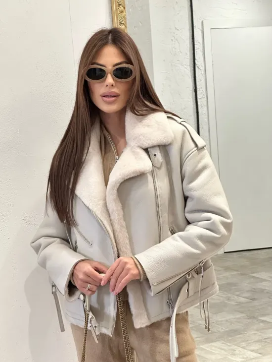 Дубленка-авиатор из натуральной овчины со шнуровкой - фото 0