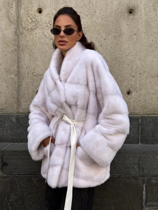 Короткая норковая шуба - цвет жемчуг - фото 8