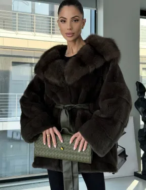 Норковое пончо шуба с капюшоном из меха куницы dark olive - фото 0