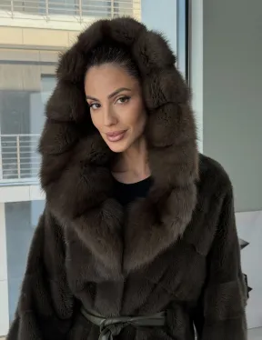 Норковое пончо шуба с капюшоном из меха куницы dark olive - фото 14