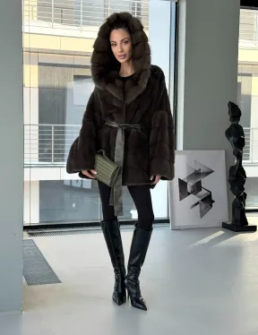 Норковое пончо шуба с капюшоном из меха куницы dark olive - фото 11