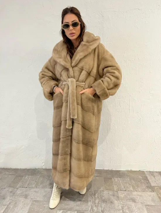 Удлиненная норковая шуба NAFA с капюшоном - цвет пастель - фото 0