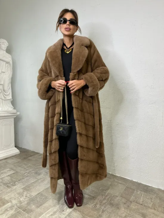 Длинная шуба карамель кимоно мех NAFA - фото 3