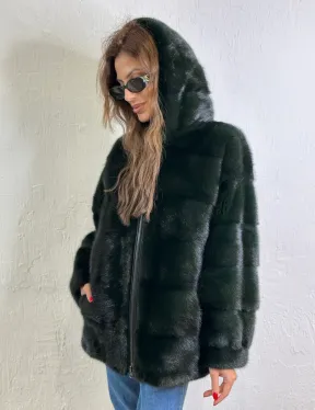 Короткая норковая шуба на молнии - цвет темный изумруд - фото 3