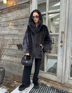 Шуба норковая с капюшоном - цвет графит - фото 9