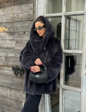 Шуба норковая с капюшоном - цвет графит - фото 8