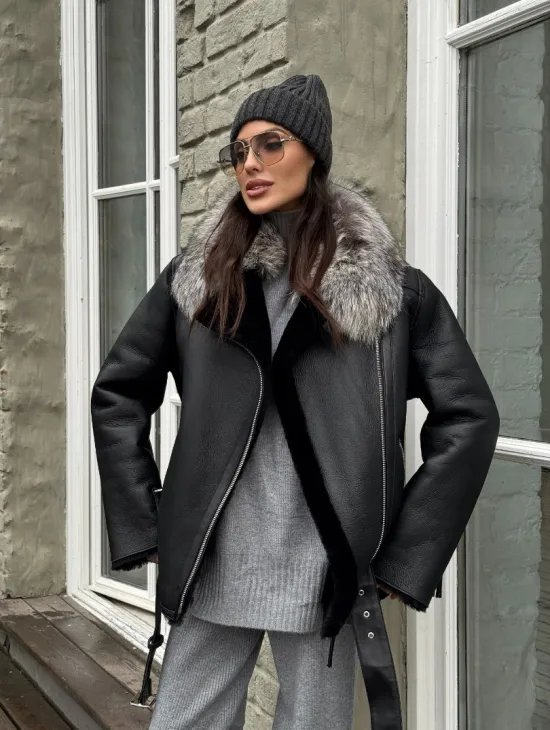 Дубленка из натуральной овчины с воротником чернобурой лисы - фото 7