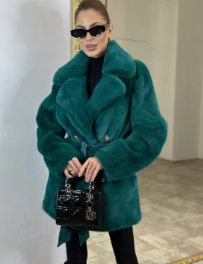 Жакет из меха норки английский воротник - морской изумруд - фото 0