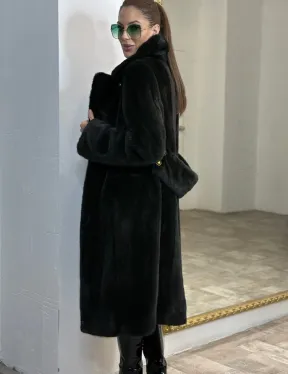 Элегантное пальто из плюшевой норки VELVET - цвет черно-зеленый - фото 4