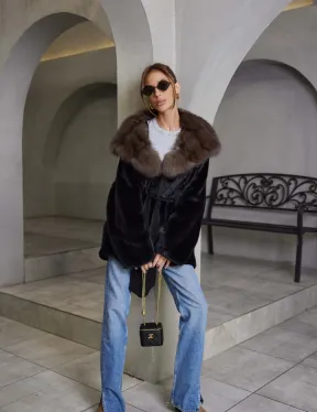 норка в роспуск шуба - черная с капюшоном куница - фото 4