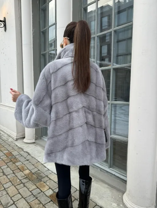 Норковый полушубок паркет английский воротник - цвет серый сапфир - фото 4